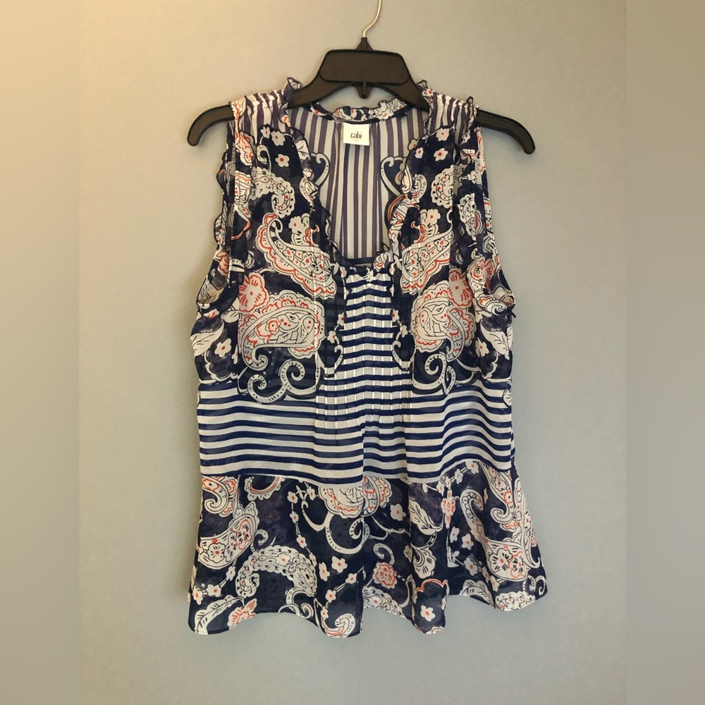 Cabi Size Small Sheer Blue White Paisley Floral Stripe Sleeveless Shirt